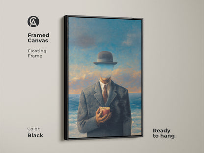 Framed canvas print of a surrealist man holding an apple. The black floating frame adds elegance to this philosophical artwork. Ready to hang art for study room office decor. Conceptual figurative wall art with cloudy sky ocean backdrop. Gift for philosophers.