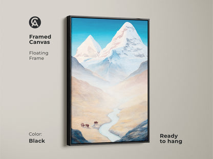 Framed Canvas featuring a Mountain Bison Artwork with a black floating frame adding a touch of elegance. This stylized landscape print showcases a blue sky and a serene nature scene. It arrives ready to hang perfect for modern farmhouse or bedroom art.