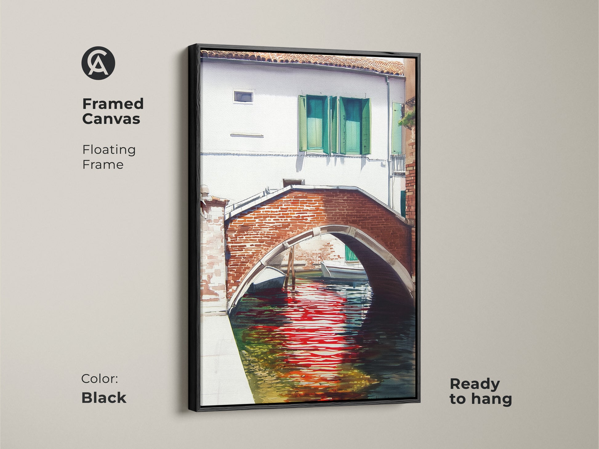 Framed canvas art features a Venetian canal with a brick bridge and red water reflections. The black floating frame enhances the traditional European cityscape. Ready to hang for a classic wall decor touch.