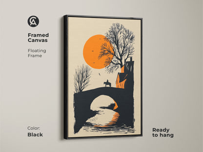 Framed canvas art of a horse rider on a bridge at sunset with a sleek black floating frame. Ready to hang the minimalist landscape artwork adds a touch of modern farmhouse style. The orange and black print creates a captivating rural scene. It's an ideal gift for travelers enhancing home decor with artistic charm.