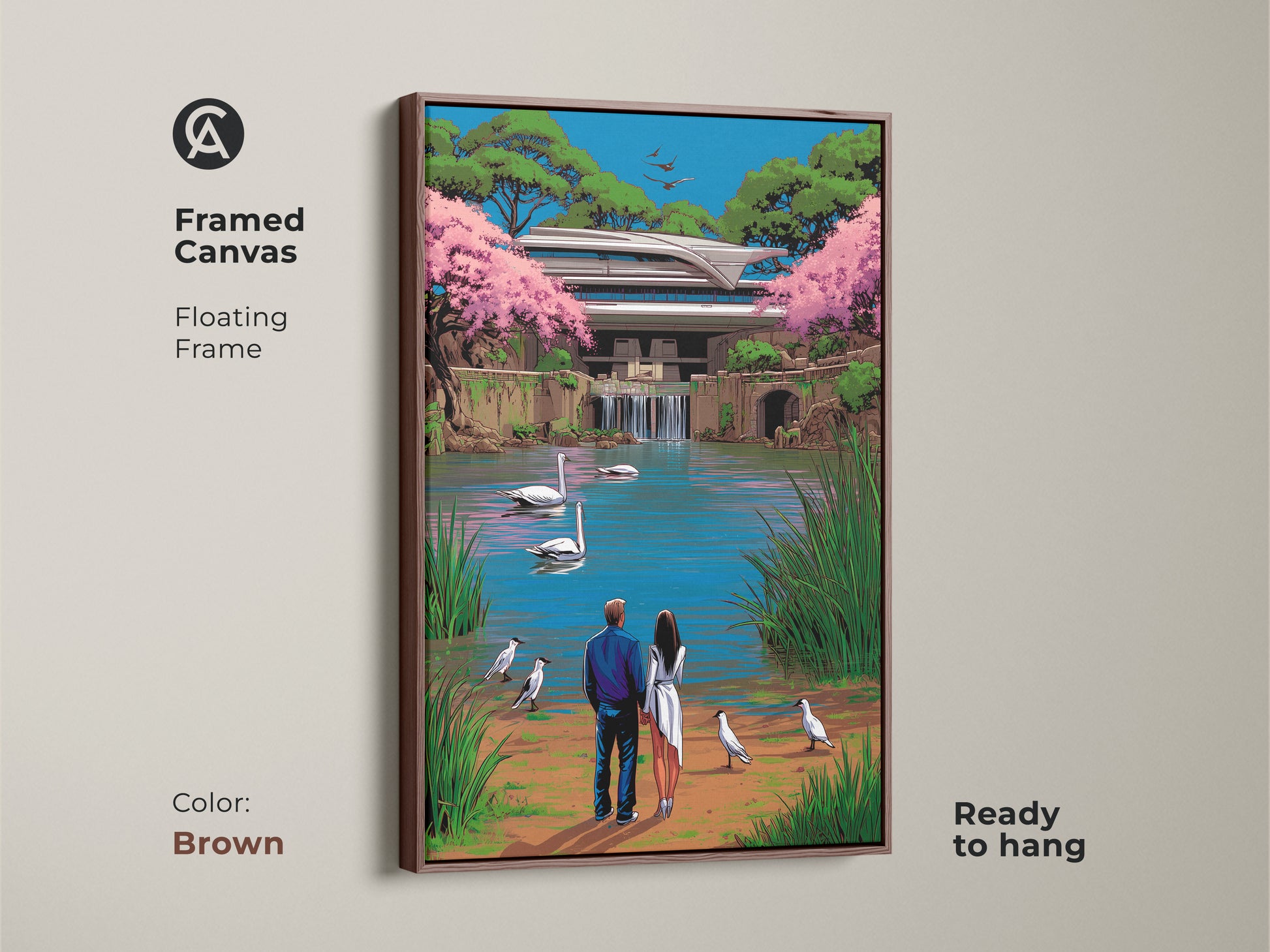 A framed canvas in brown shows a couple enjoying a serene lake scene. Swans and contemporary architecture blend in surreal pop art fashion. The blue green pink tones make it a unique anniversary gift. Ready to hang as eclectic wall art.