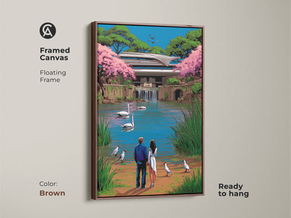 A framed canvas in brown shows a couple enjoying a serene lake scene. Swans and contemporary architecture blend in surreal pop art fashion. The blue green pink tones make it a unique anniversary gift. Ready to hang as eclectic wall art.