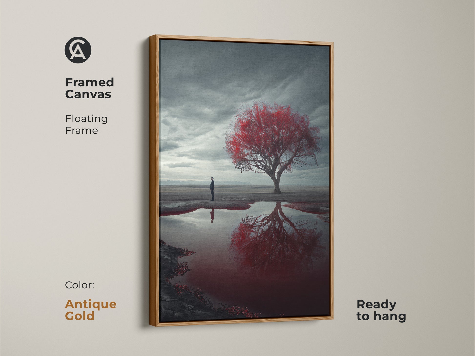 Framed canvas art features a surreal desert landscape with a striking red tree. The floating frame in antique gold enhances the contemporary artwork. Ready to hang this moody piece blends nature and human introspection. Ideal for housewarming or surrealism art collections.