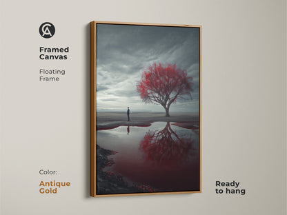 Framed canvas art features a surreal desert landscape with a striking red tree. The floating frame in antique gold enhances the contemporary artwork. Ready to hang this moody piece blends nature and human introspection. Ideal for housewarming or surrealism art collections.