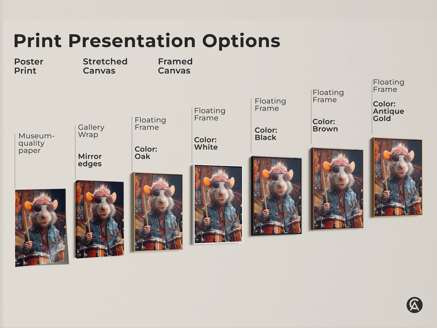Poster print stretched canvas and framed canvas presentation options. Choose the perfect format for the rat drummer canvas artwork. Options include black brown antique gold and white floating frames. This eclectic art suits any alternative music decor.