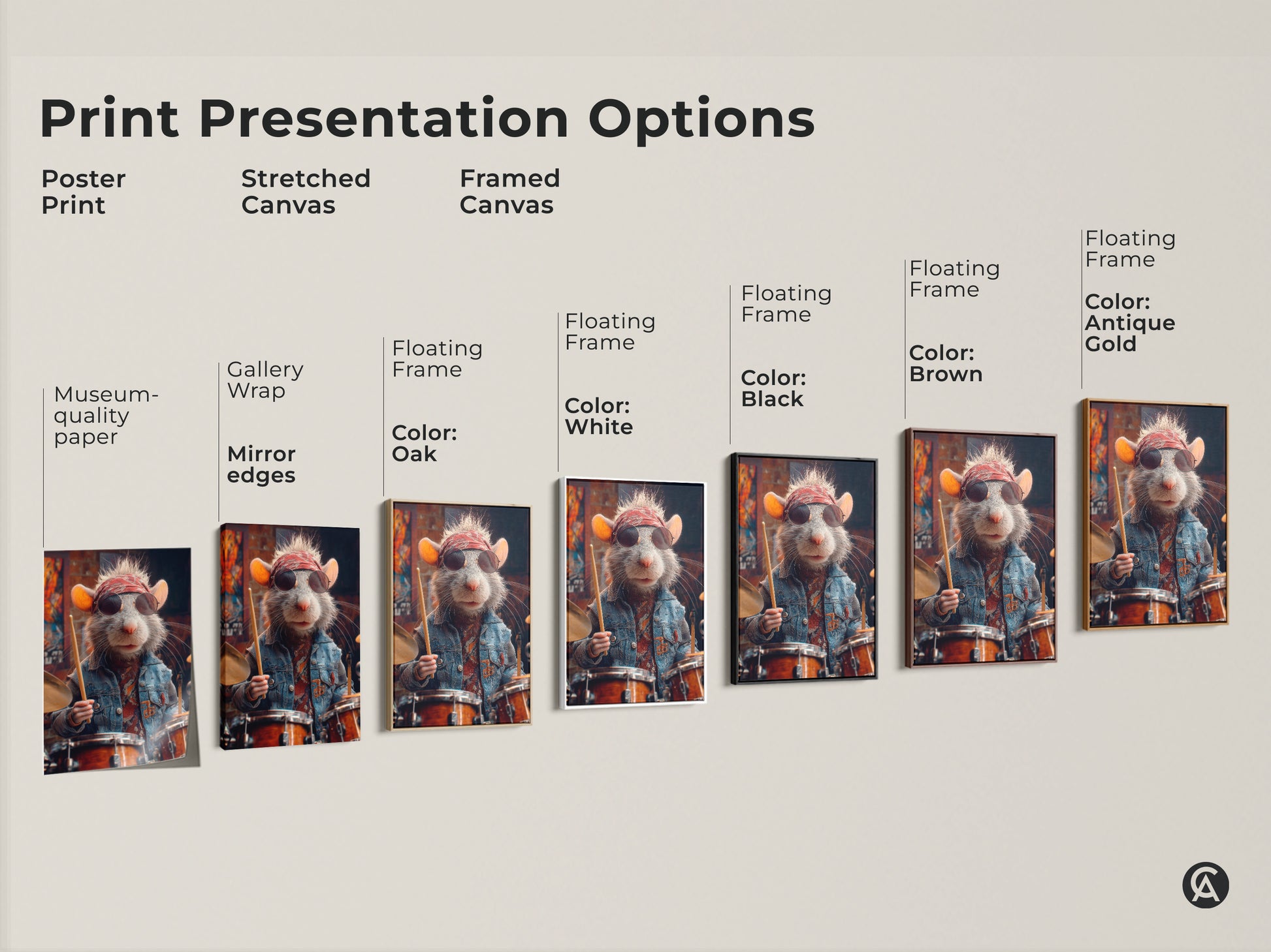 Poster print stretched canvas and framed canvas presentation options. Choose the perfect format for the rat drummer canvas artwork. Options include black brown antique gold and white floating frames. This eclectic art suits any alternative music decor.