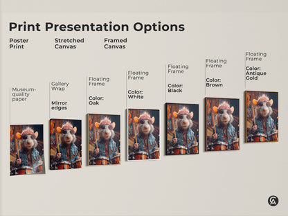 Poster print stretched canvas and framed canvas presentation options. Choose the perfect format for the rat drummer canvas artwork. Options include black brown antique gold and white floating frames. This eclectic art suits any alternative music decor.