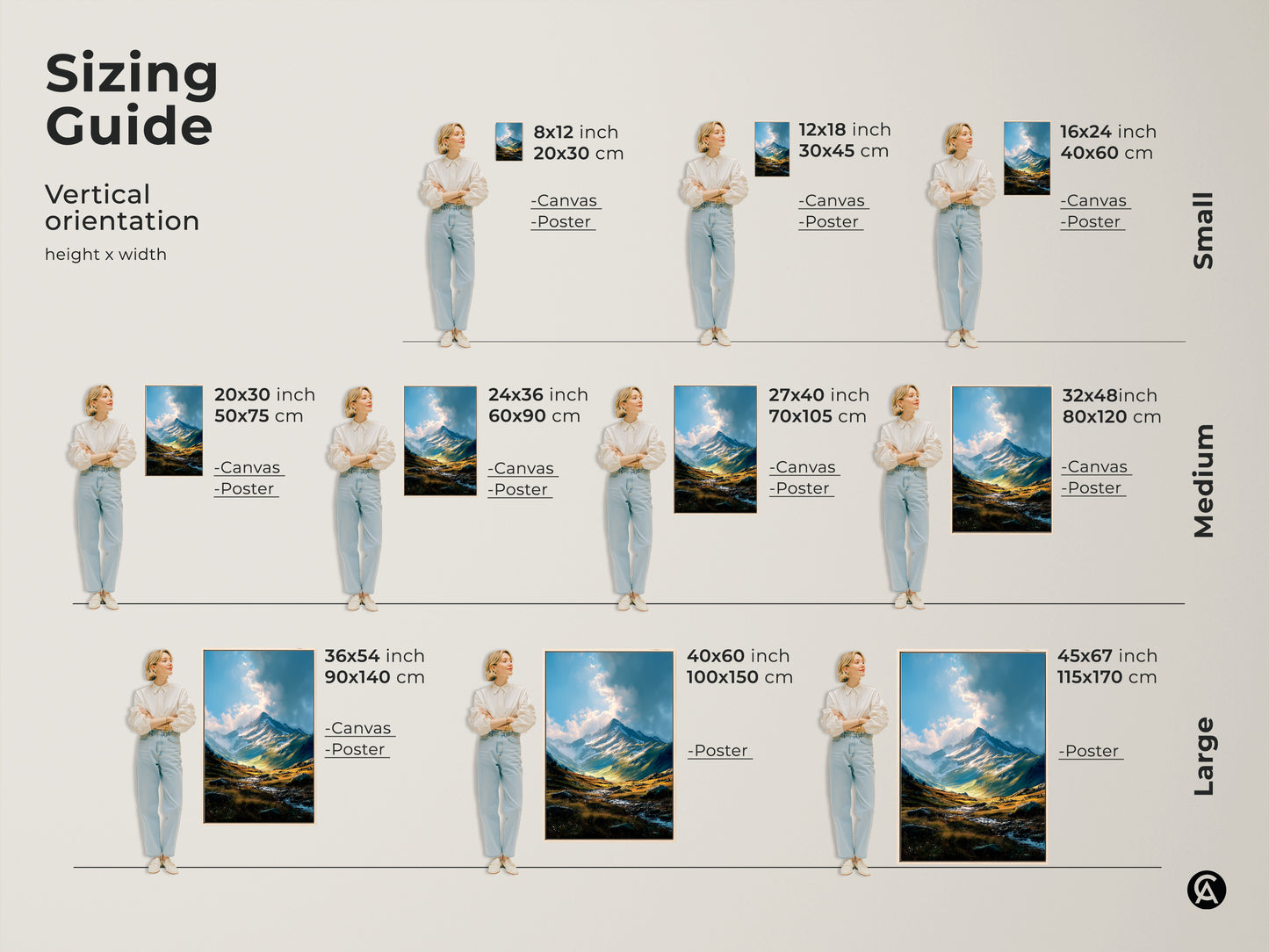 Sizing guide for vertical mountain landscape artwork. Find the perfect fit with canvas and poster options. Available in small medium and large sizes. Transform your space with stunning mountain art.