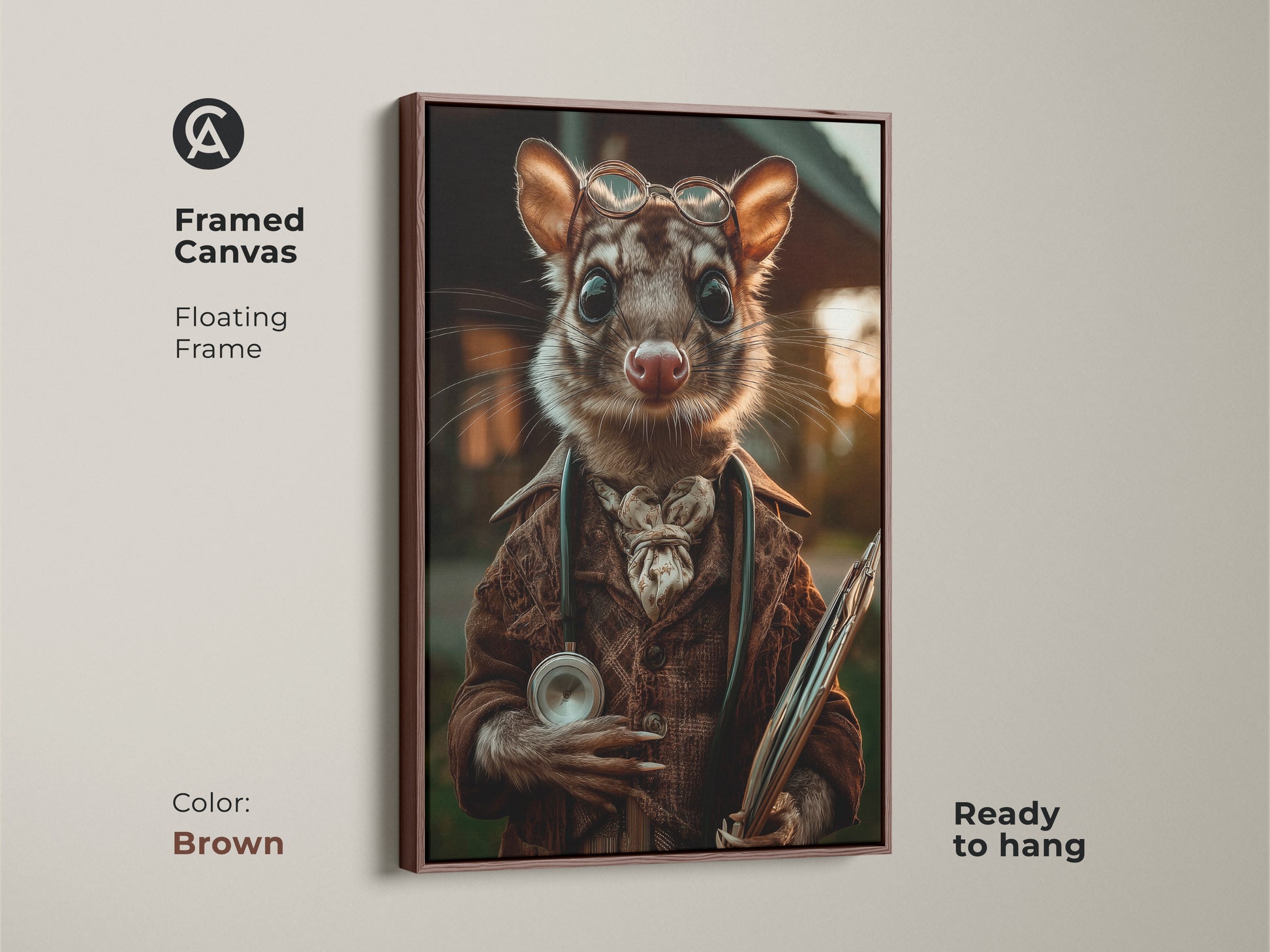 This framed canvas art presents a possum doctor in sepia tones with a brown floating frame. The surreal animal portrait features a possum wearing glasses and a coat. He is holding medical instruments. Ready to hang this art adds eclectic charm to any office or study. It’s a unique gift for animal lovers.