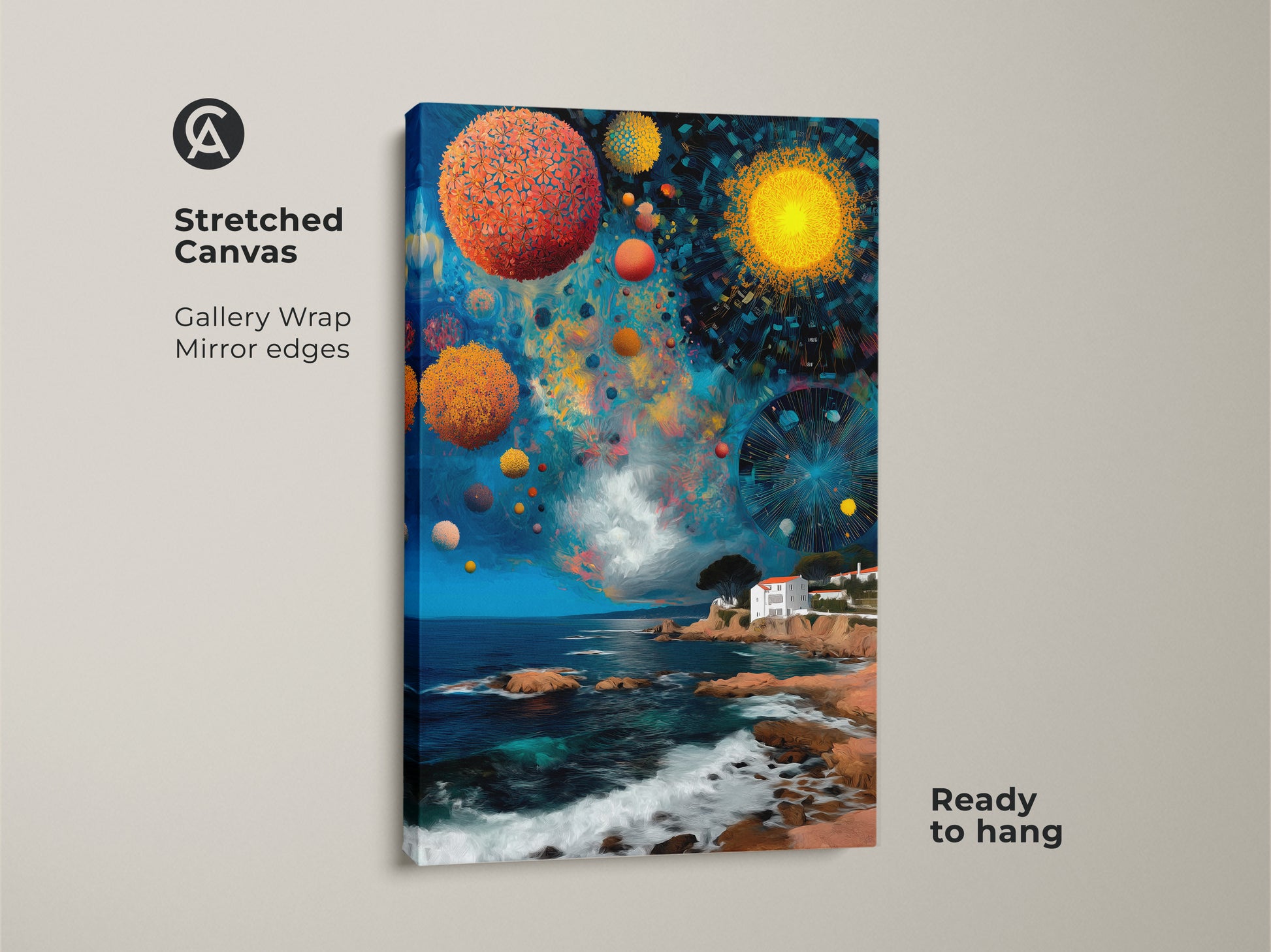 Stretched canvas art featuring surreal celestial orbs floating above a Mediterranean villa. The abstract coastal artwork has vivid blue orange turquoise colors. The gallery wrap with mirror edges is ready to hang.