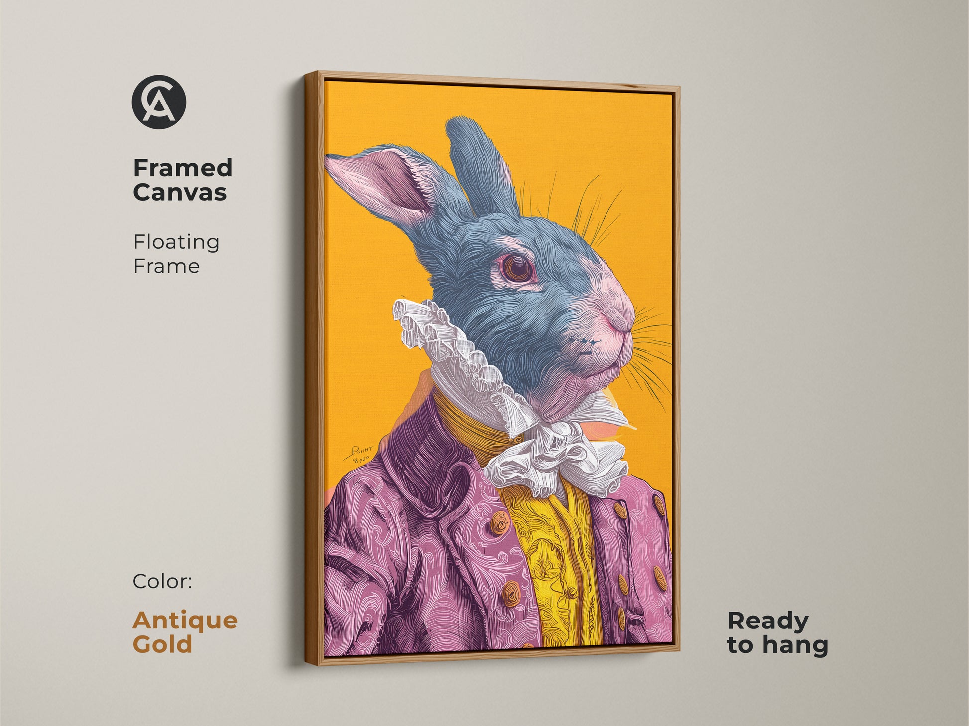 Framed canvas of a rabbit artwork with floating frame. The artwork is ready to hang and has an antique gold frame. The rabbit wears a pink suit. A perfect piece for the discerning collector.