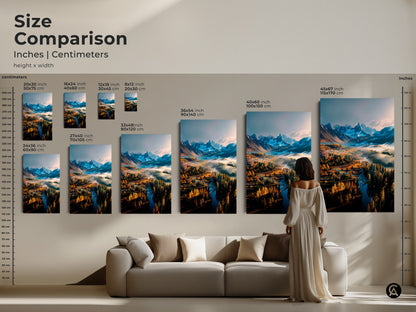 Size comparison showcasing various dimensions of art prints with a mountain river landscape. Visualize how each size fits in your living space. Choose from inches or centimeters to find your ideal artwork dimensions. Discover our range of art print sizes