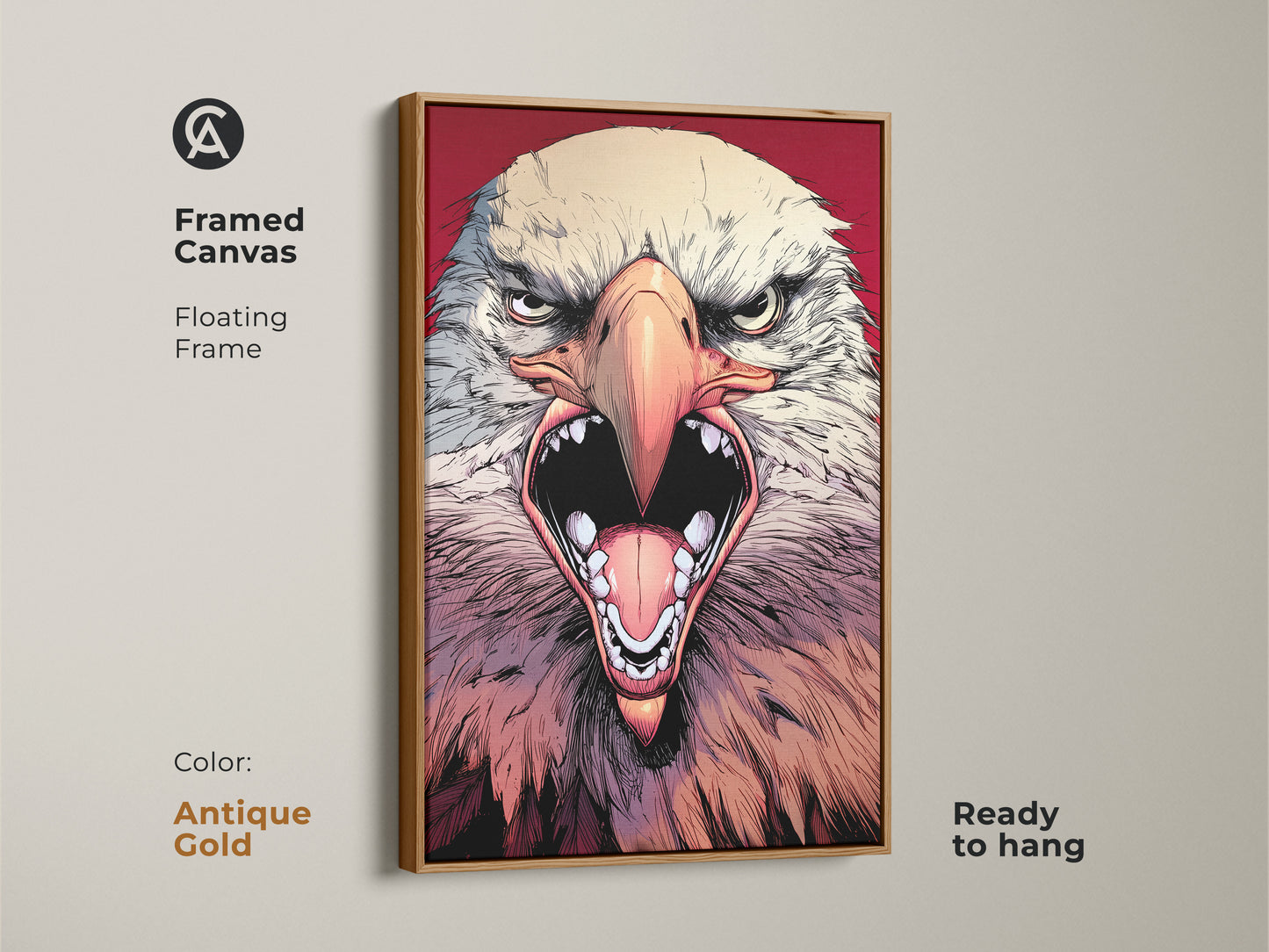 This framed canvas features a fiercely detailed eagle in a dynamic comic art style. The antique gold floating frame modern artwork is great for a man cave or office decor. Ideal as a gift for patriots. Ready to hang.