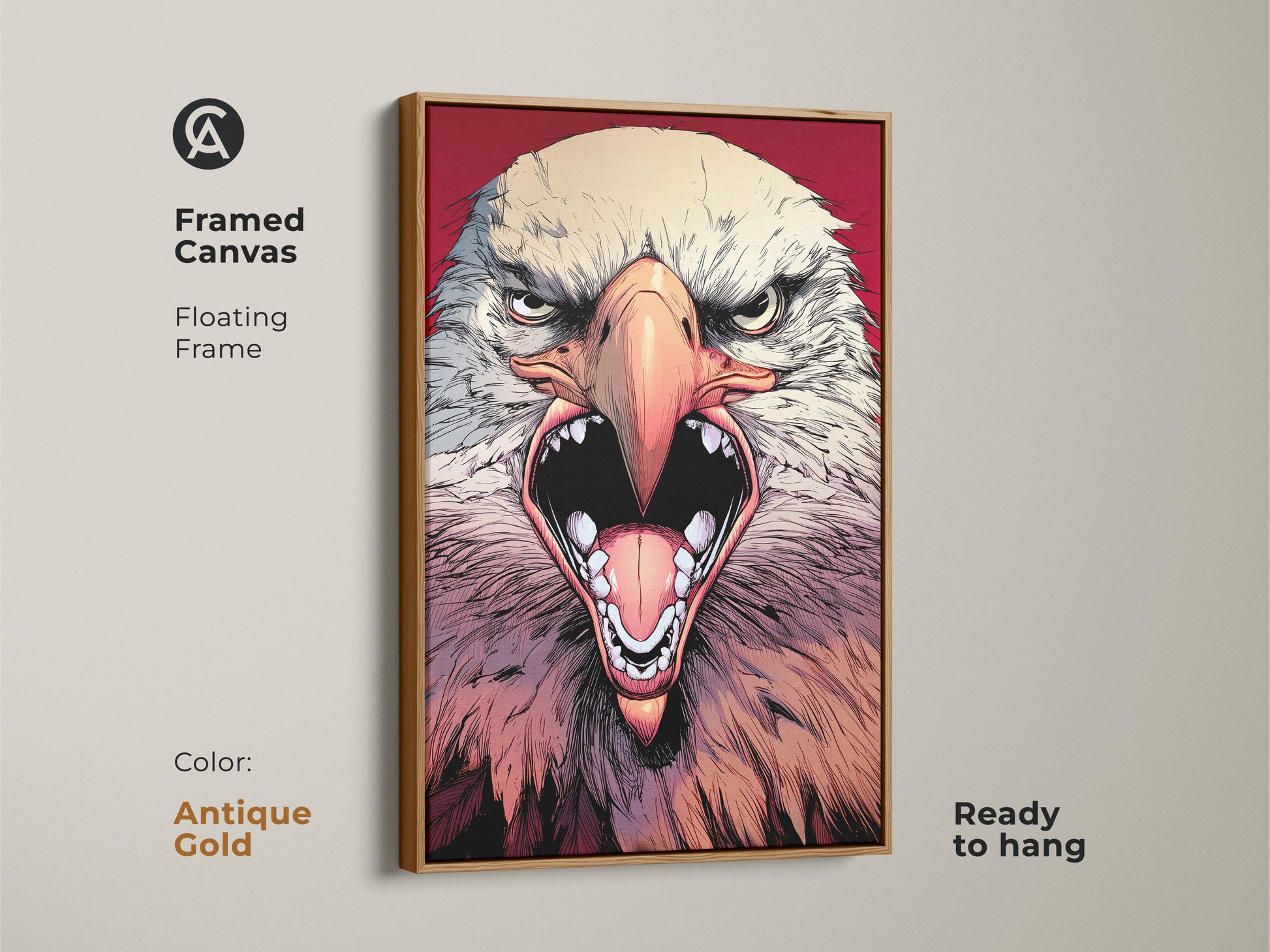 This framed canvas features a fiercely detailed eagle in a dynamic comic art style. The antique gold floating frame modern artwork is great for a man cave or office decor. Ideal as a gift for patriots. Ready to hang.