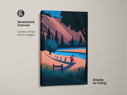 Stretched Canvas version of the Boho Nature Artwork. It features a river landscape scene with hikers. The gallery wrap has mirror edges. This modern folk art print is ready to hang. Coral blue teal colors add a boho aesthetic to your home decor.