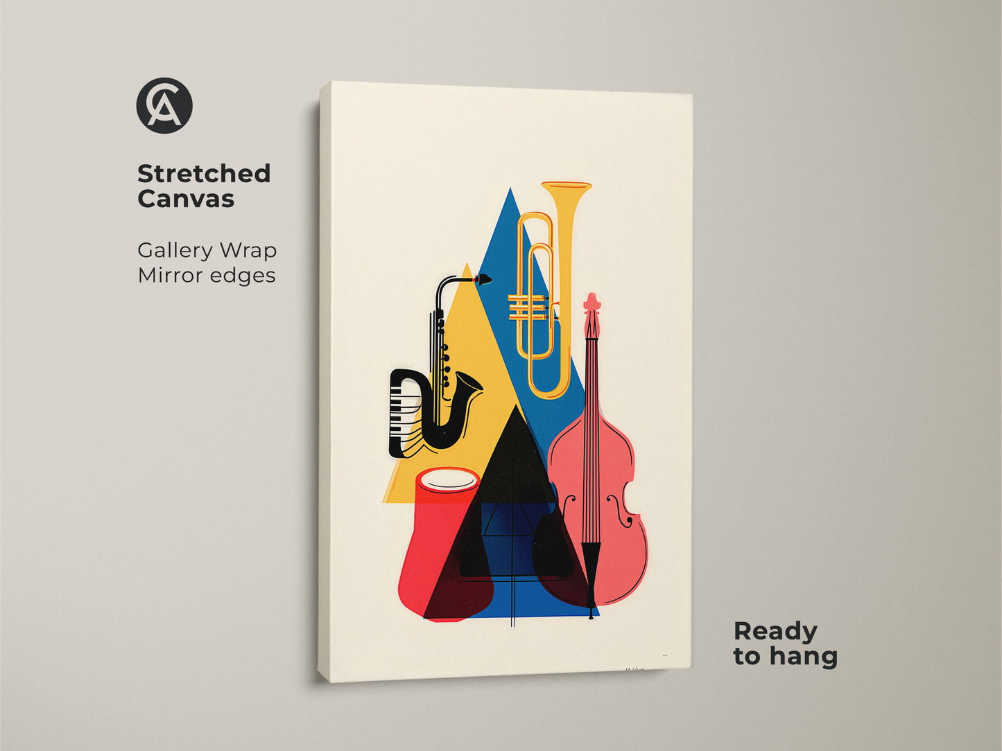 Stretched Canvas of mid-century modern geometric music art. The gallery wrap features mirror edges. This canvas is ready to hang. The artwork includes a saxophone tuba and double bass. The colors are yellow blue and red. It's an ideal piece for music lovers seeking retro jazz music art. It enhances living rooms dining rooms or offices.