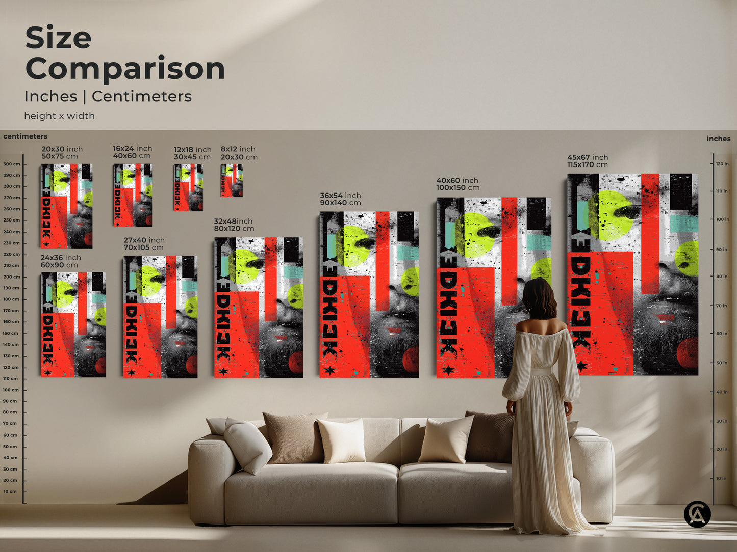 A size comparison of abstract face wall art. See how the grunge collage looks in different dimensions. The red yellow and teal artwork complements your living room. Choose the perfect size for your space. This canvas print adds an artistic touch to any home. A great art collector present.