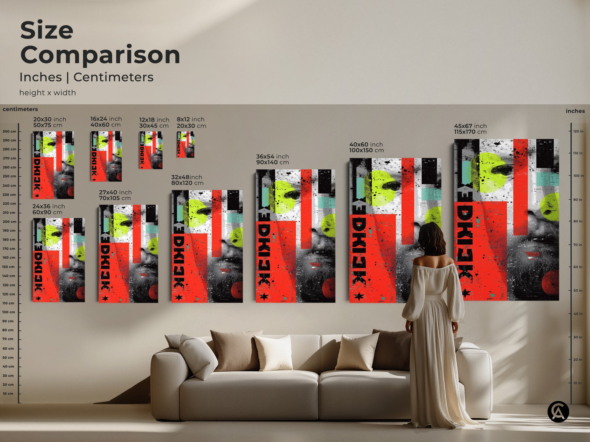 A size comparison of abstract face wall art. See how the grunge collage looks in different dimensions. The red yellow and teal artwork complements your living room. Choose the perfect size for your space. This canvas print adds an artistic touch to any home. A great art collector present.