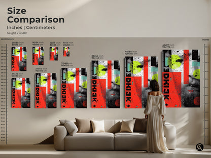 A size comparison of abstract face wall art. See how the grunge collage looks in different dimensions. The red yellow and teal artwork complements your living room. Choose the perfect size for your space. This canvas print adds an artistic touch to any home. A great art collector present.