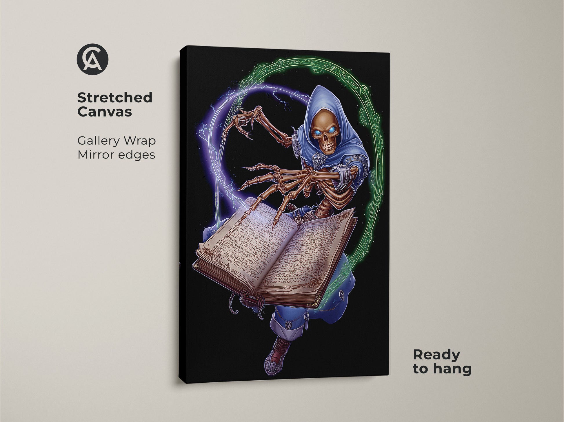 A stretched canvas of a skeleton wizard. This dark fantasy canvas print showcases a gothic spellbook. It is ready to hang and has mirror edges. The blue and green magic art makes a unique halloween gift for him.