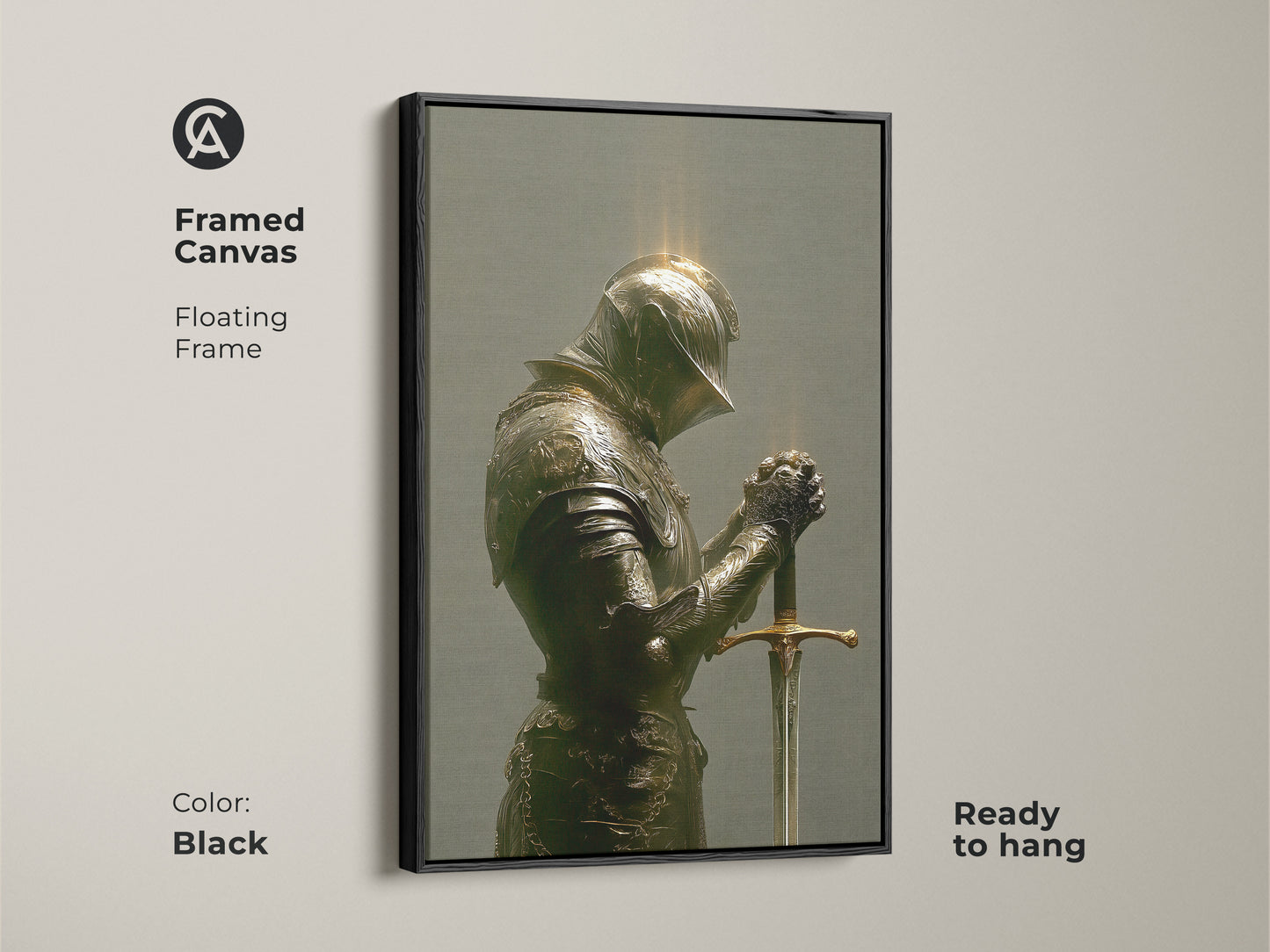 Framed Canvas featuring a Knight in armor with a floating frame in brown. The artwork is ready to hang. It embodies a Gothic and Dark Academia aesthetic. Perfect for a Study Room or Office. This piece brings a touch of refined style.