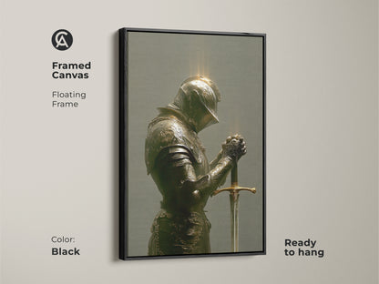 Framed Canvas featuring a Knight in armor with a floating frame in brown. The artwork is ready to hang. It embodies a Gothic and Dark Academia aesthetic. Perfect for a Study Room or Office. This piece brings a touch of refined style.