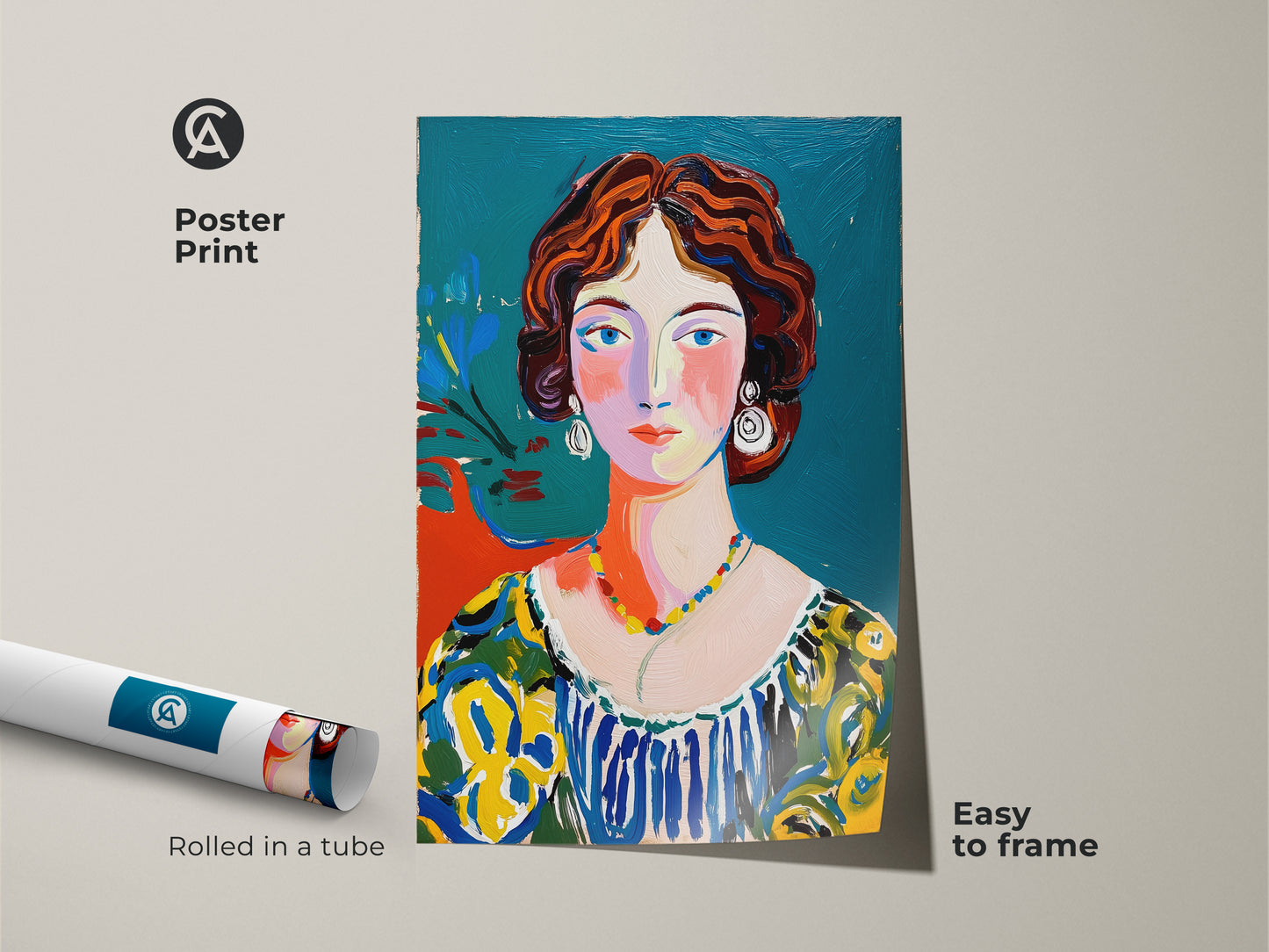 Poster print featuring a woman's portrait. This museum-quality art is rolled in a tube. The vibrant painting is easy to frame. It showcases a modern art style. The woman has red hair and a colorful dress. Ideal for art enthusiasts.