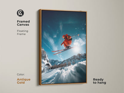 Framed canvas artwork featuring a skier jumping. The floating frame boasts an antique gold finish. This ready-to-hang piece adds a vintage touch. Perfect for those who love winter sports and unique art. The vibrant colors make a statement.