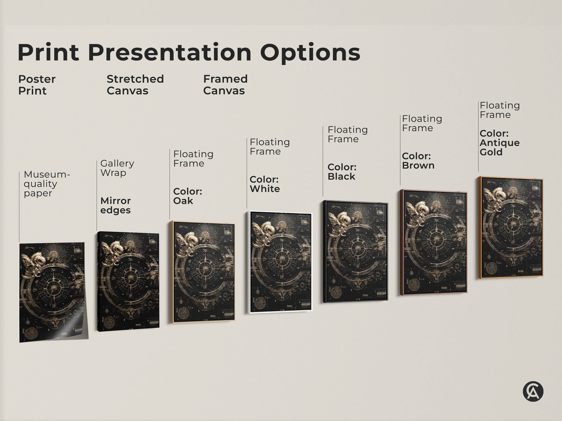 Print presentation options for Ram Compass Abstract artwork. See the poster print stretched canvas and framed canvas. Customize your Esoteric Steampunk Astrology wall decor to fit any space.