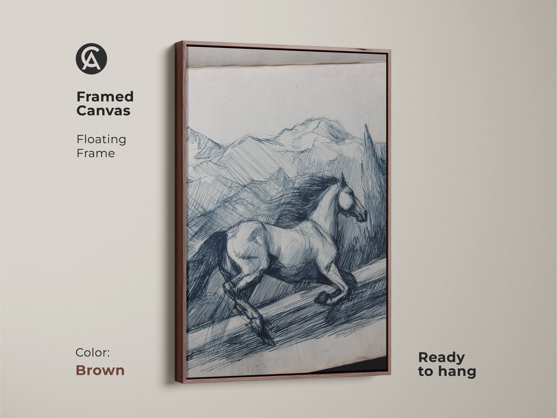 Framed canvas in brown shows rustic horse line art. The indigo mountain sketch is ready to hang. Floating frame enhances the equestrian art. Animal landscape print adds charm to any room. This sketch style artwork is perfect for horse lovers. It’s a unique gift idea.