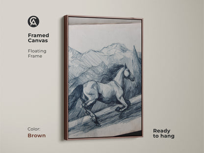 Framed canvas in brown shows rustic horse line art. The indigo mountain sketch is ready to hang. Floating frame enhances the equestrian art. Animal landscape print adds charm to any room. This sketch style artwork is perfect for horse lovers. It’s a unique gift idea.