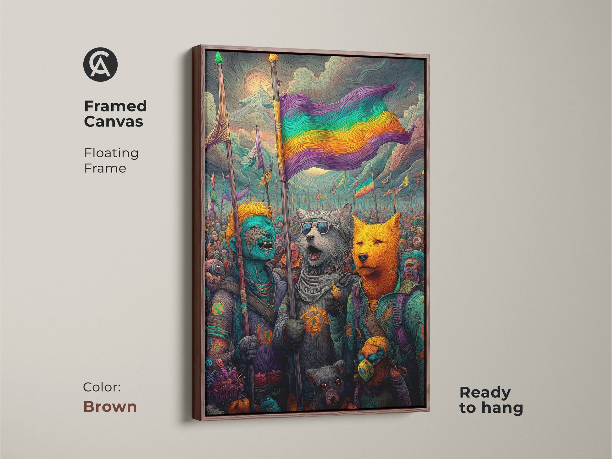 A framed canvas with a floating frame displays a fantasy artwork. The artwork features animal characters holding a rainbow flag. The brown frame complements the artwork's colors. This ready-to-hang piece brings a vibrant symbol of diversity to your walls.