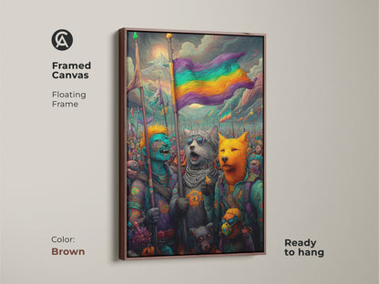 A framed canvas with a floating frame displays a fantasy artwork. The artwork features animal characters holding a rainbow flag. The brown frame complements the artwork's colors. This ready-to-hang piece brings a vibrant symbol of diversity to your walls.
