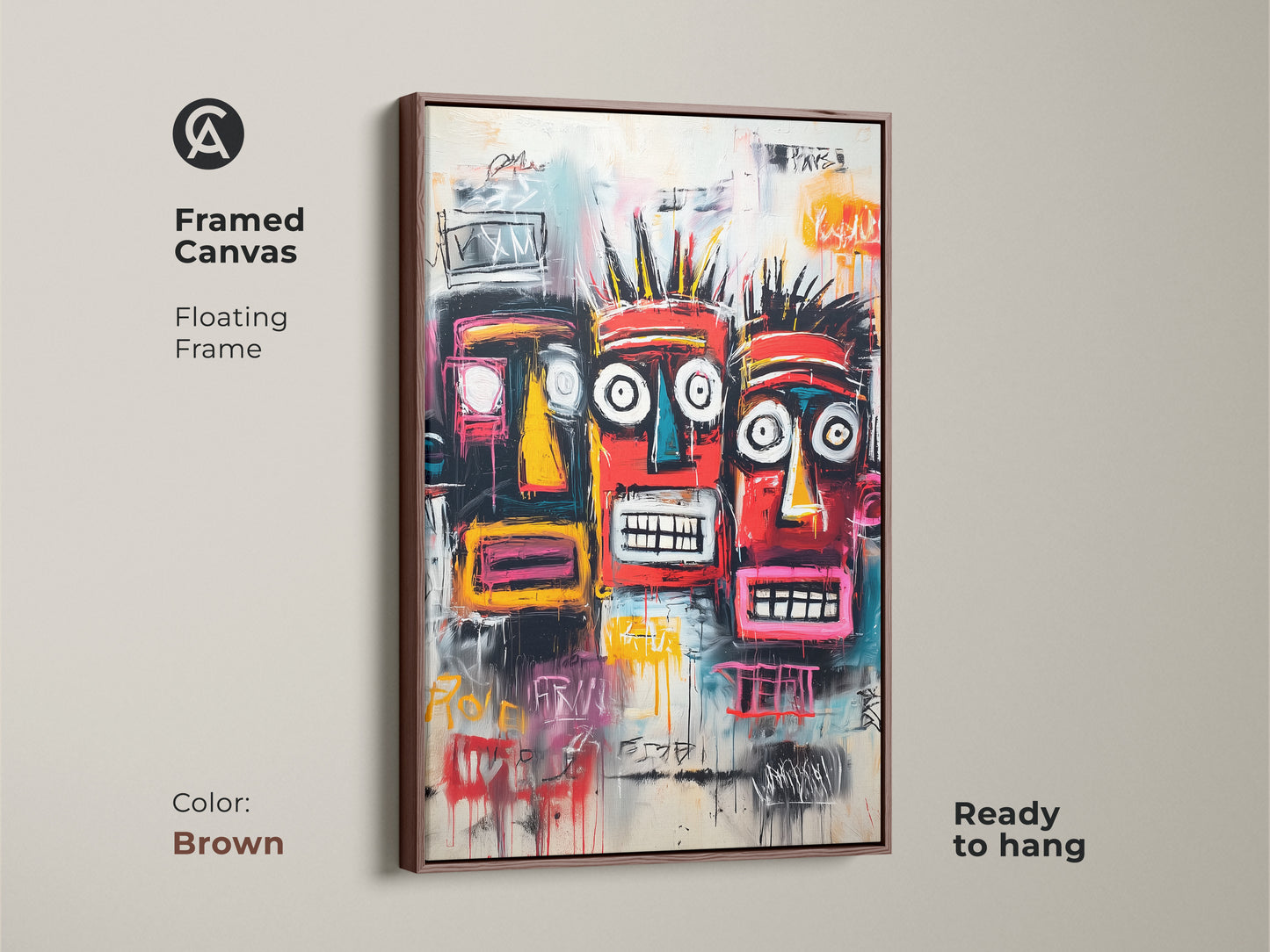 Framed canvas art featuring three colorful tribal faces. The brown floating frame complements the artwork beautifully. Ready to hang and enjoy. Elevate your home decor with this striking artwork.