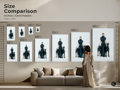 Size comparison of woman with Dobermans art prints in inches and centimeters. See how different sizes fit above a sofa. Available in various dimensions. Perfect for contemporary home decor. Monochrome minimalist style.