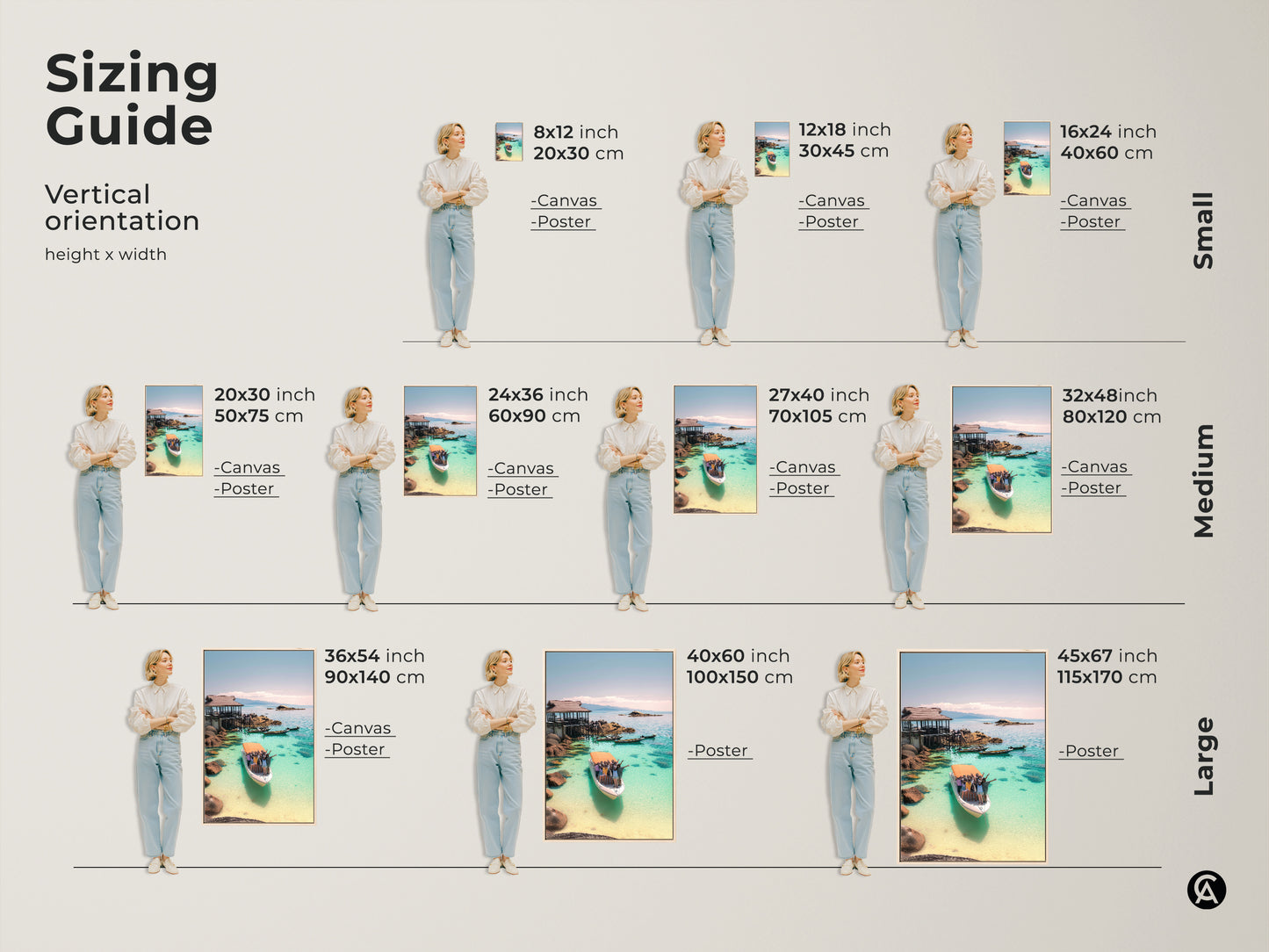 Sizing Guide for Vertical Art. See canvas and poster options in various sizes. Small medium and large art prints available. Find the perfect size for Turquoise Ocean Boat Art. Enhance your coastal home decor today.