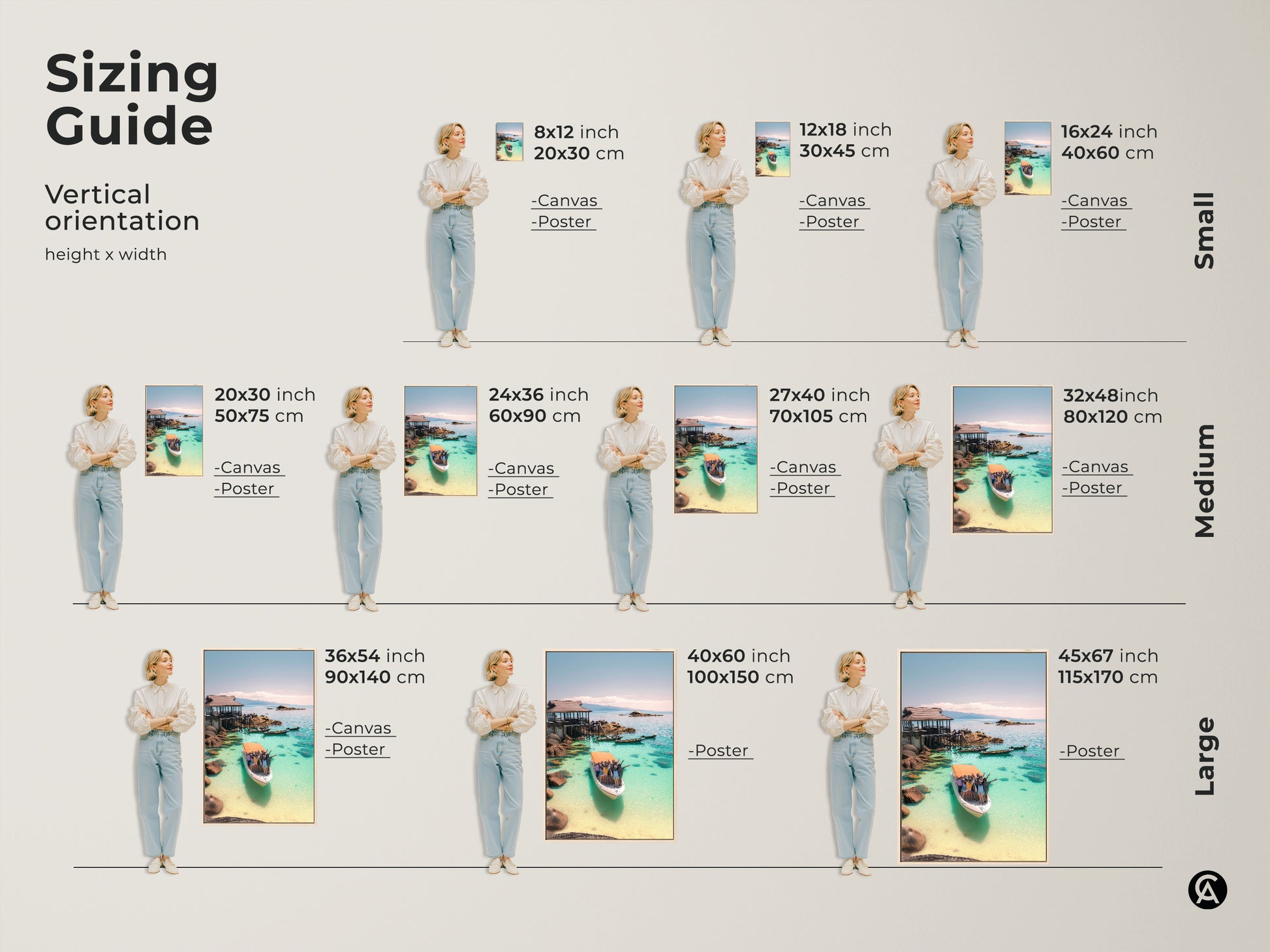 Sizing Guide for Vertical Art. See canvas and poster options in various sizes. Small medium and large art prints available. Find the perfect size for Turquoise Ocean Boat Art. Enhance your coastal home decor today.