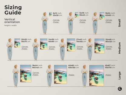Sizing Guide for Vertical Art. See canvas and poster options in various sizes. Small medium and large art prints available. Find the perfect size for Turquoise Ocean Boat Art. Enhance your coastal home decor today.