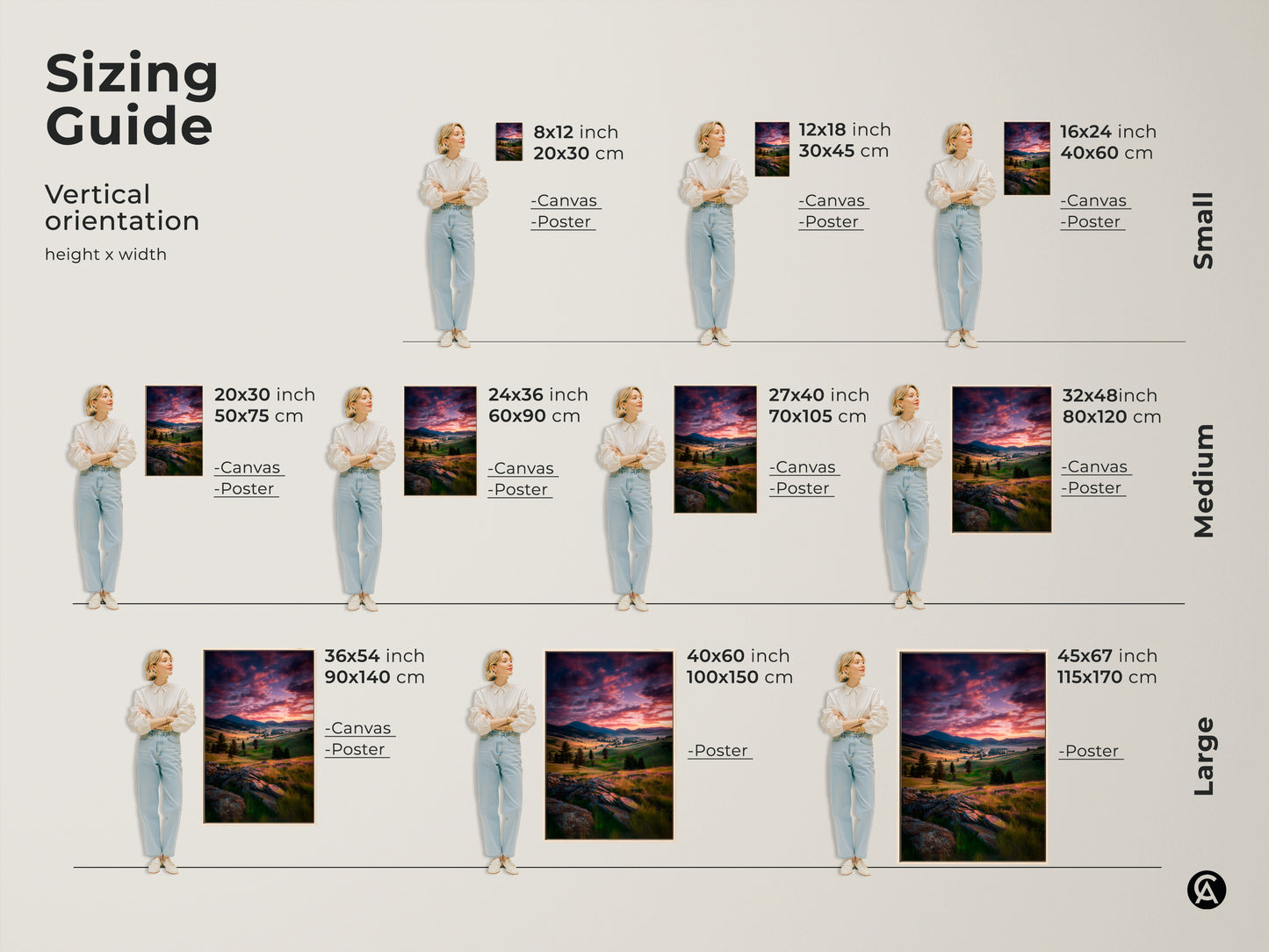 Sizing guide for vertical mountain valley artwork. Options include canvas and poster. Available in small medium and large. Find the perfect fit for your space with this stunning landscape art print.