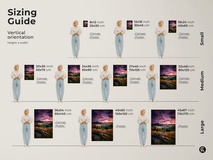 Sizing guide for vertical mountain valley artwork. Options include canvas and poster. Available in small medium and large. Find the perfect fit for your space with this stunning landscape art print.