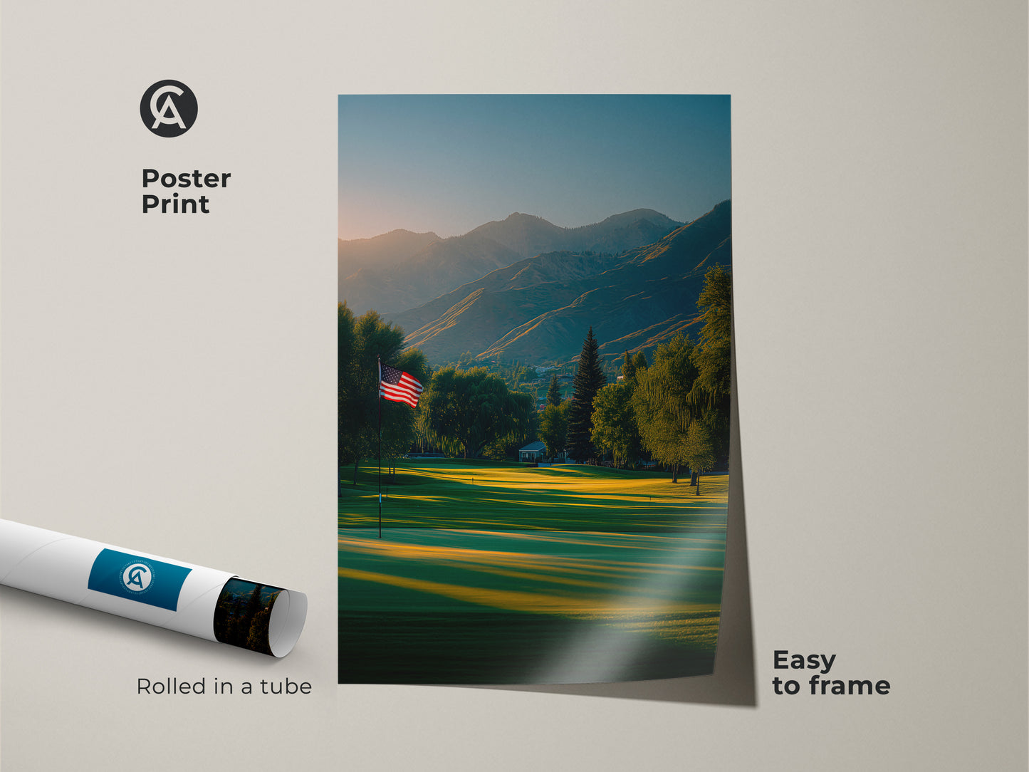 Poster print artwork features a serene golf course landscape. The American flag is blowing in the wind. Distant mountains add depth. This museum-quality poster is easy to frame. Enhance your space with this landscape art.