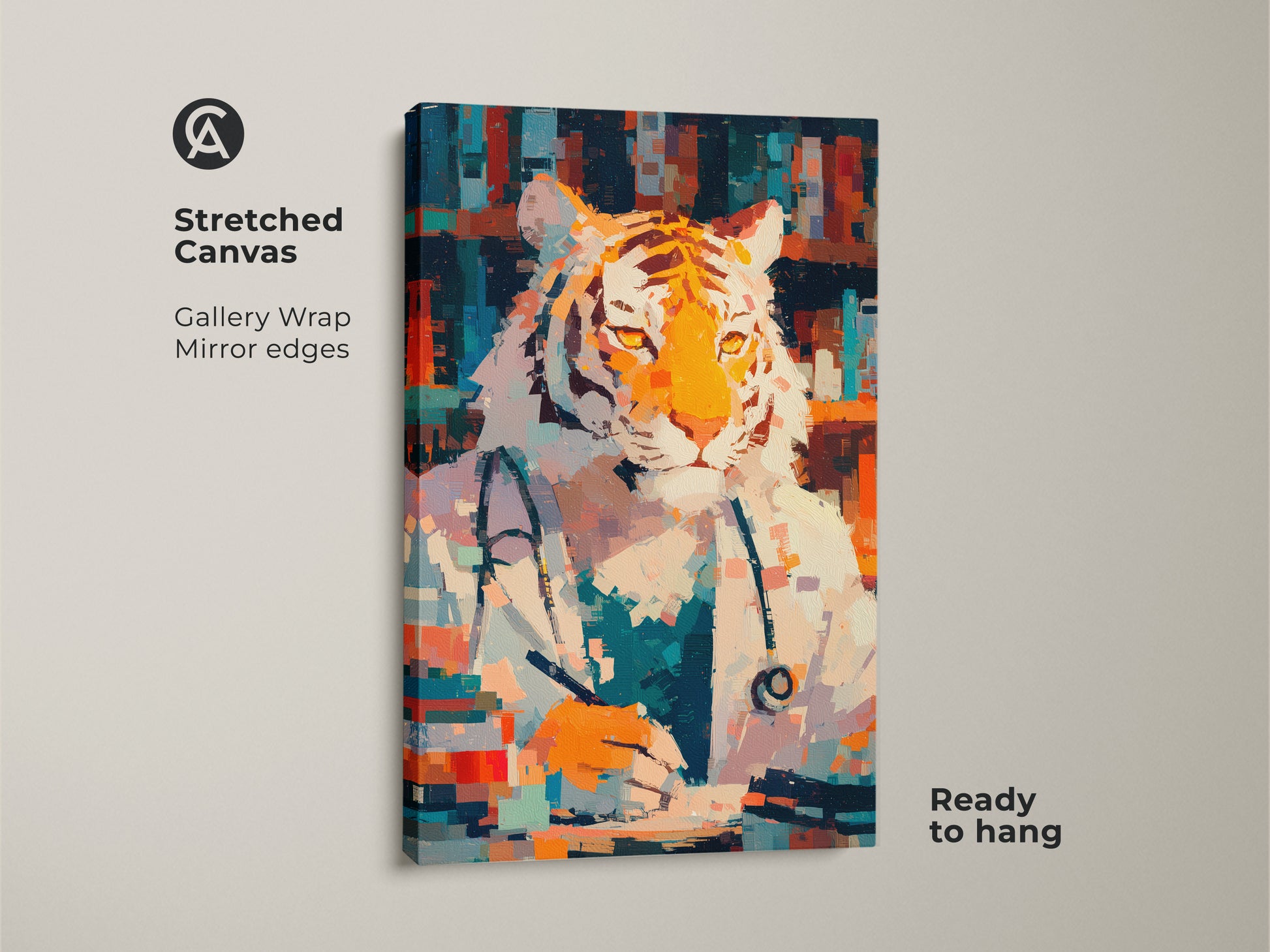 Stretched canvas print of a tiger doctor. The gallery wrap and mirror edges give it a polished look. Ready to hang and enjoy. This is the perfect piece for a home office or study. Display your unique style with this canvas print.