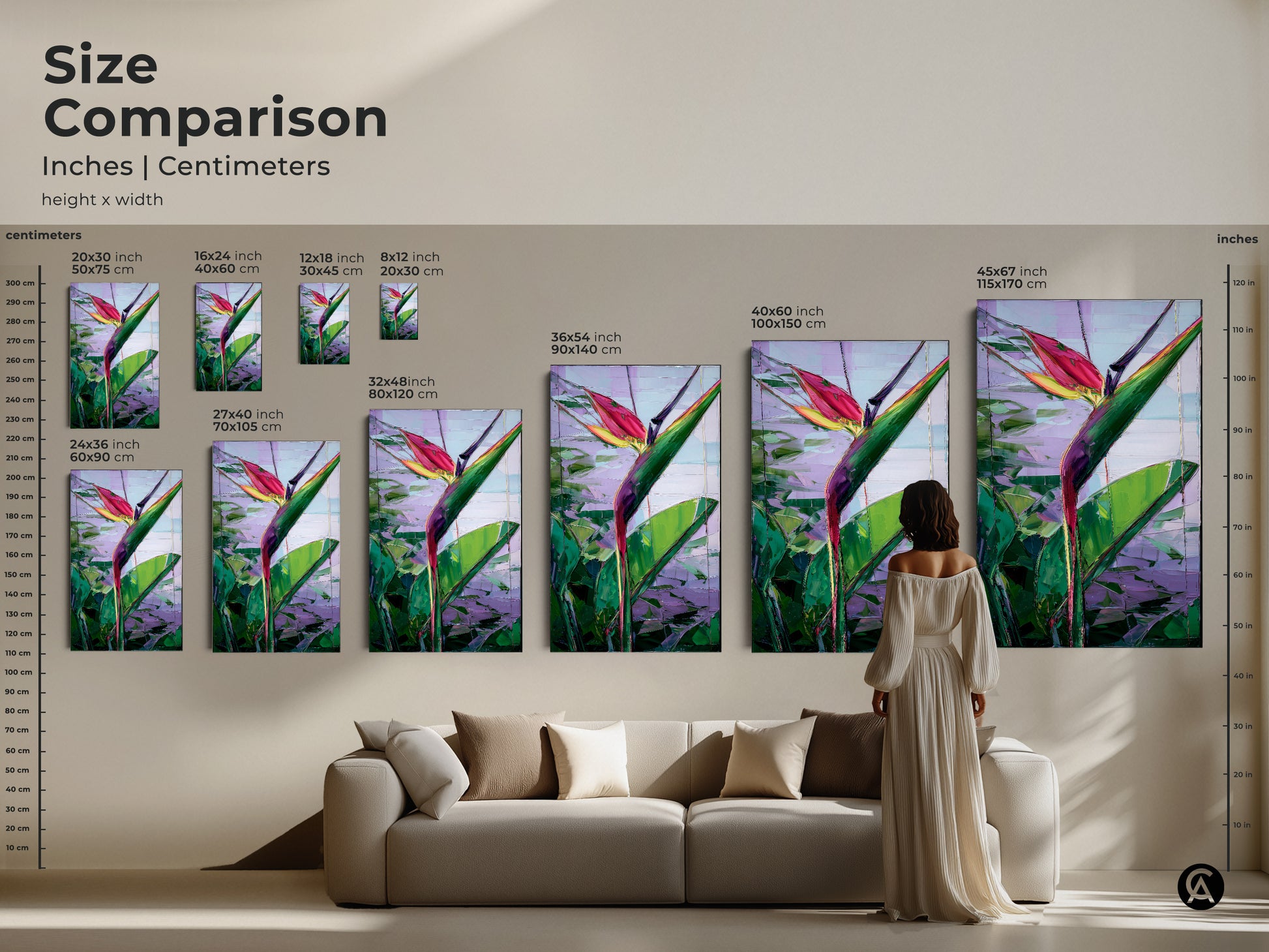 Size comparison showcasing abstract Bird of Paradise artwork in inches and centimeters. The tropical botanical canvas sizes range for versatile boho decor. Green pink and purple hues enhance any living space. Find the perfect size for a unique housewarming gift. Perfect for plant art lovers.