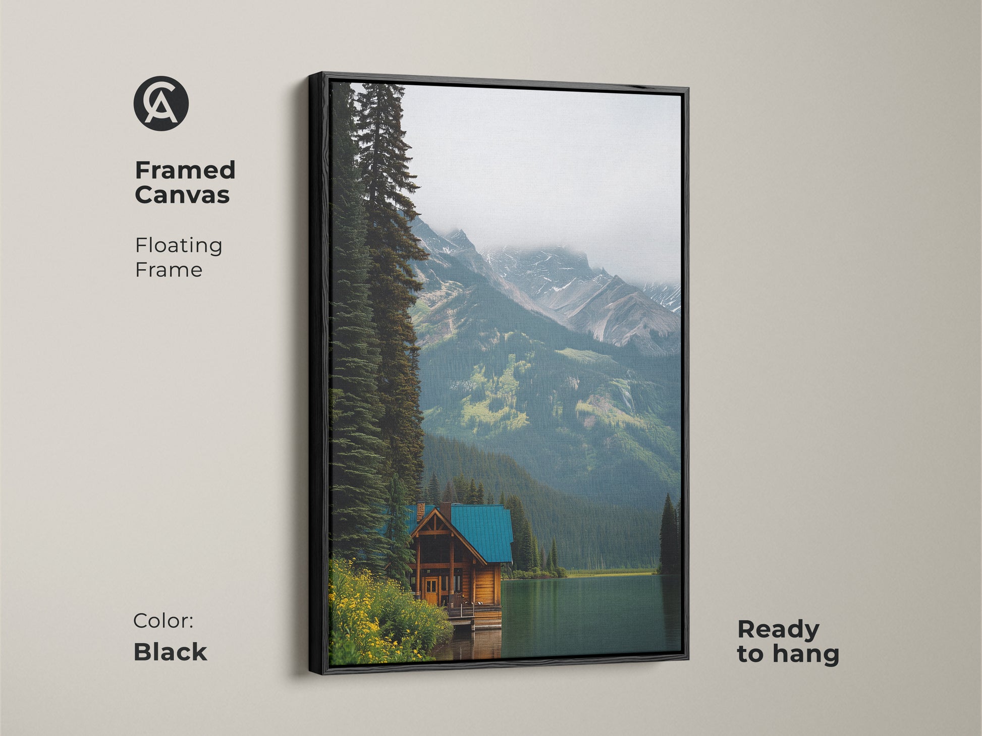 Black Framed Canvas with Floating Frame. This rustic cabin wall art features a stunning mountain lake. The deep blue nature art is ready to hang. Perfect for modern farmhouse and rustic decor styles.