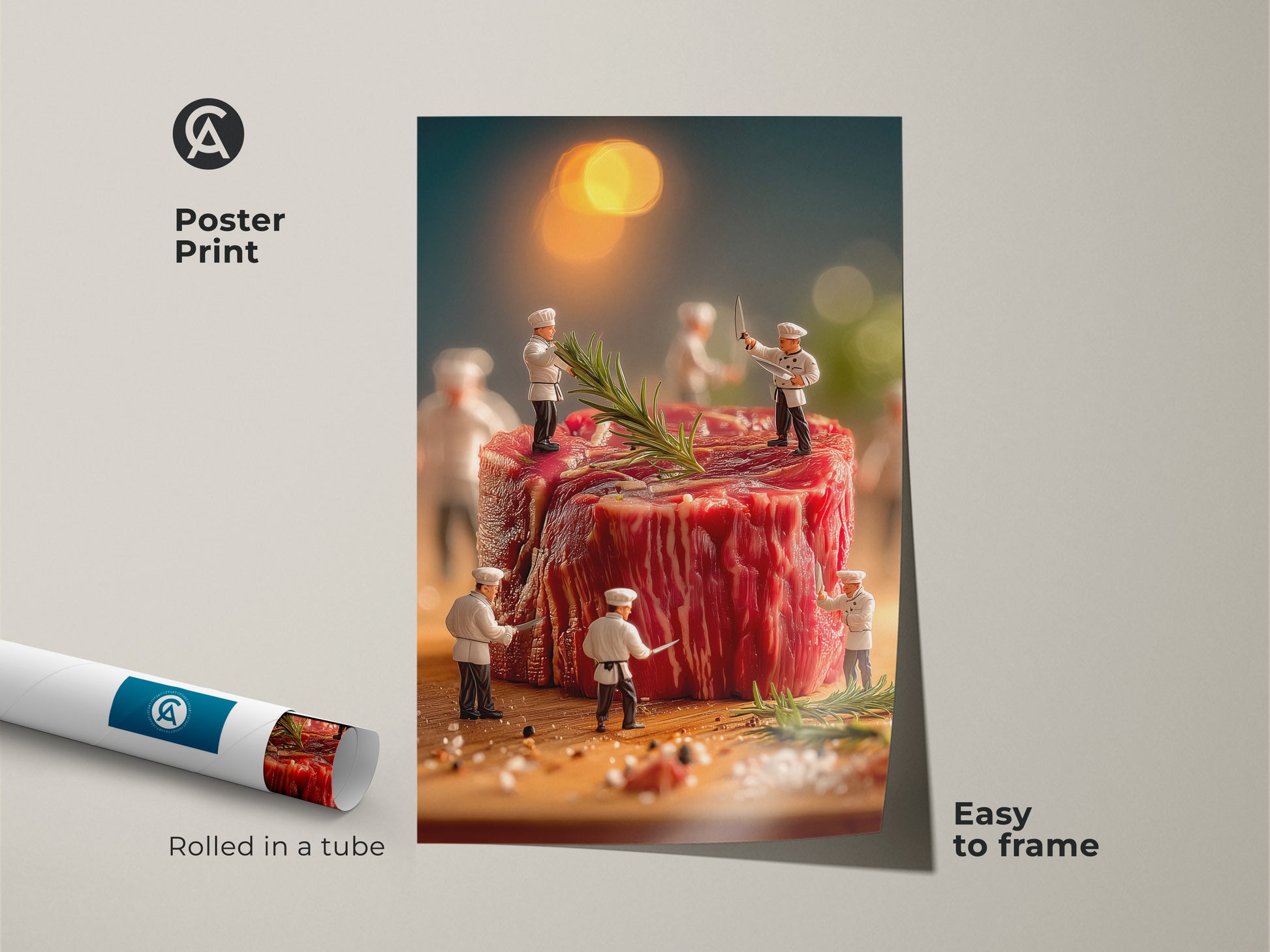Poster print of miniature chefs preparing a giant steak. This art is rolled in a tube for easy framing. The artwork shows a culinary scene with rosemary and spices. Perfect for food art enthusiasts and kitchen decor. Easy to frame and display in your home or restaurant.