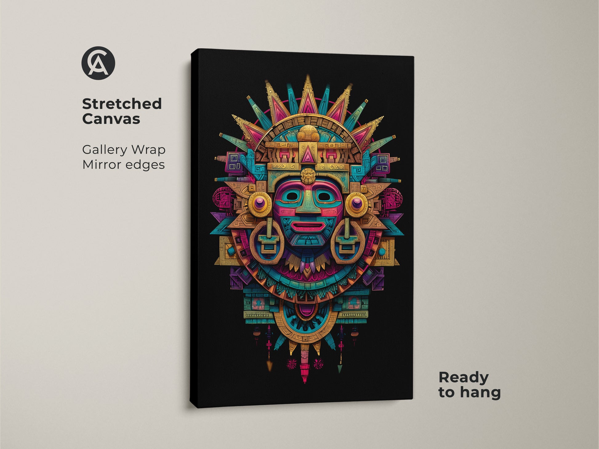 Stretched canvas art featuring a Mayan mask. The gallery wrap has mirrored edges. This vibrant Aztec-inspired artwork is ready to hang. Ideal for adding cultural flair to any room. It is a unique piece of wall decor.