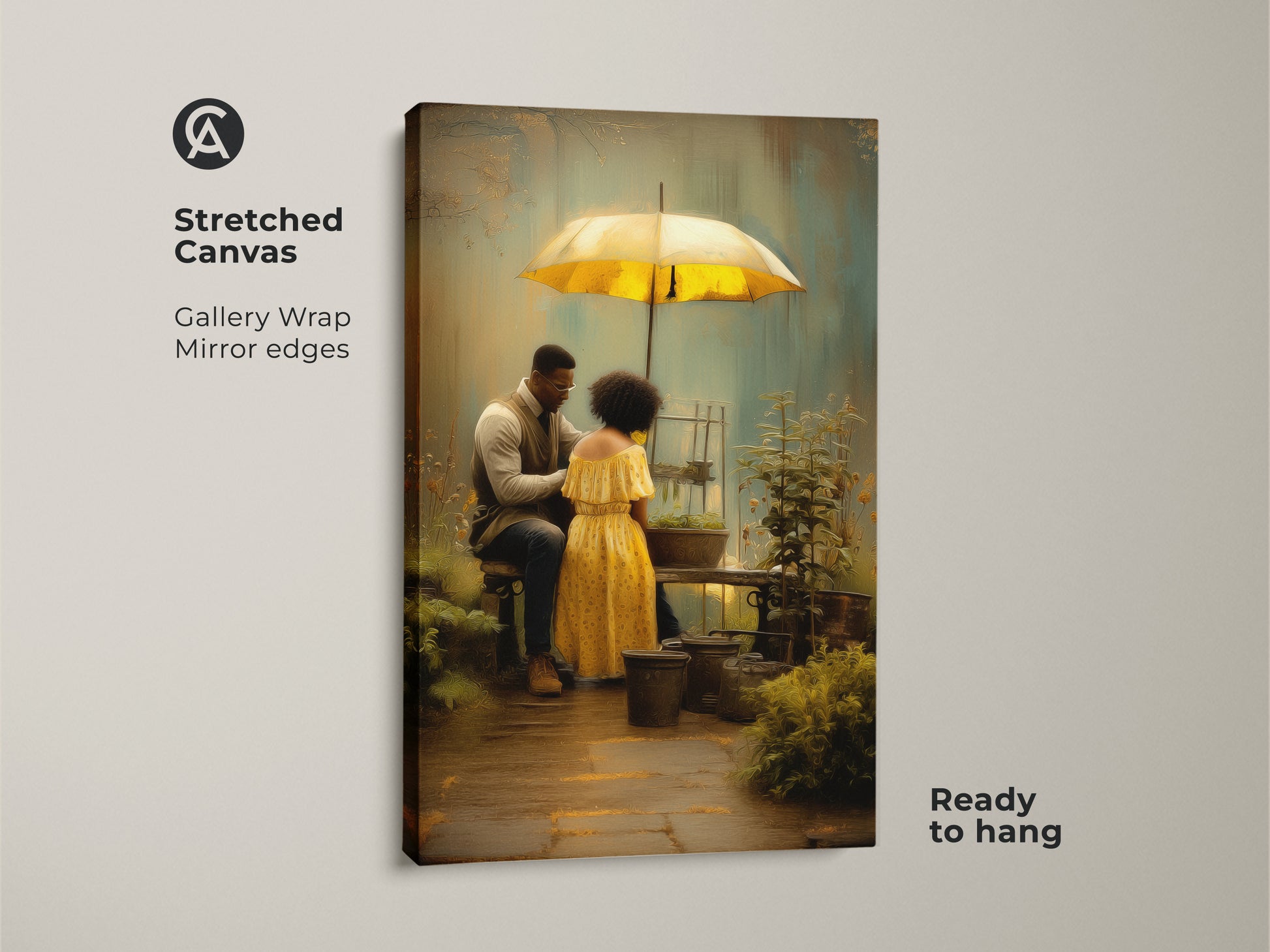 Stretched canvas art featuring a romantic couple gardening under a yellow umbrella. The boho style art is ready to hang with gallery wrapped mirror edges. Brown green nature art makes a unique anniversary gift for couples. This textured wall decor brings a personal touch to any residential space.