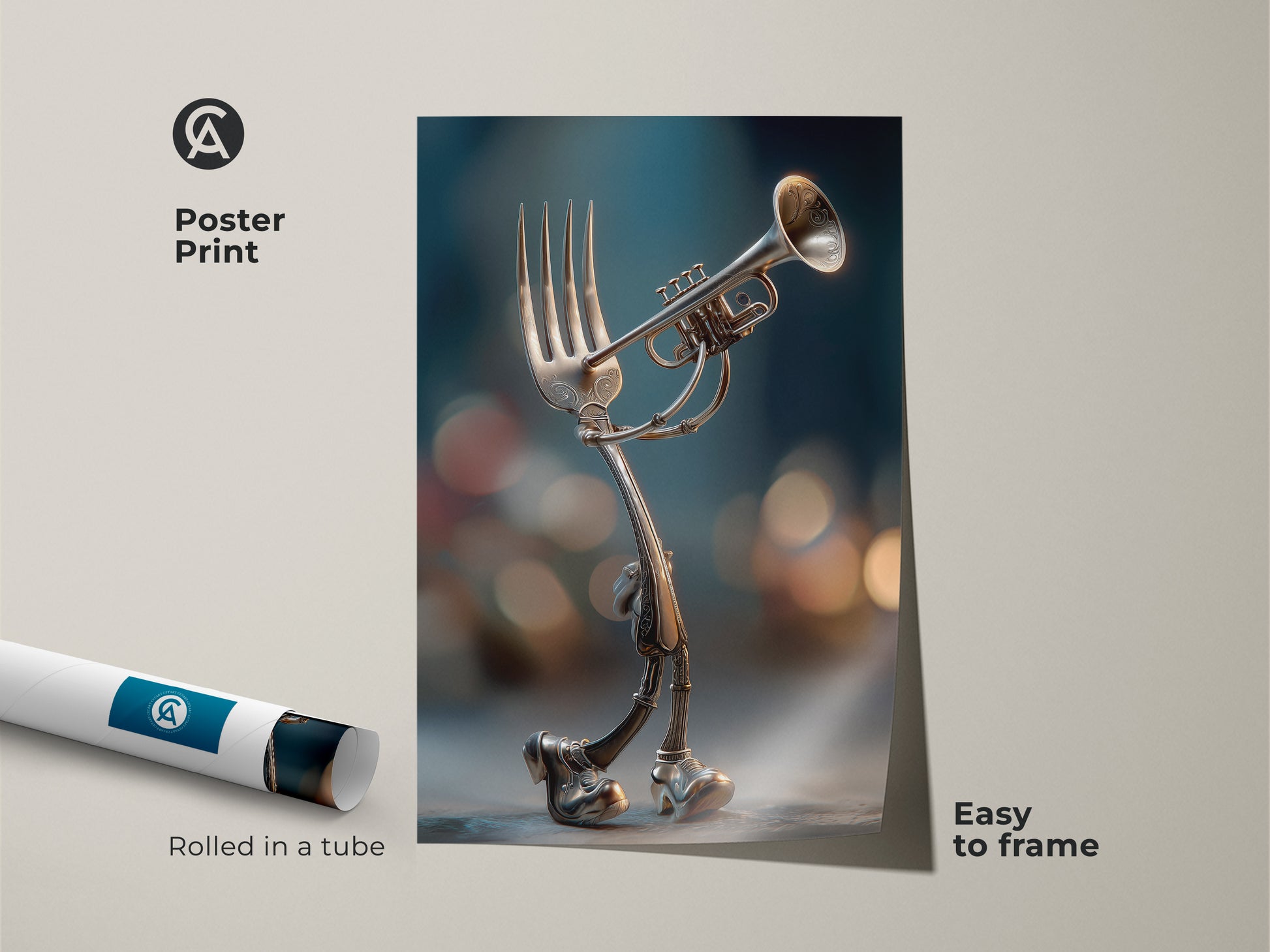 This is a surreal poster print of a fork with legs playing a trumpet. The artwork is easy to frame. It adds a touch of whimsy to any room. Rolled in a tube for protection. Buy this unique art today.