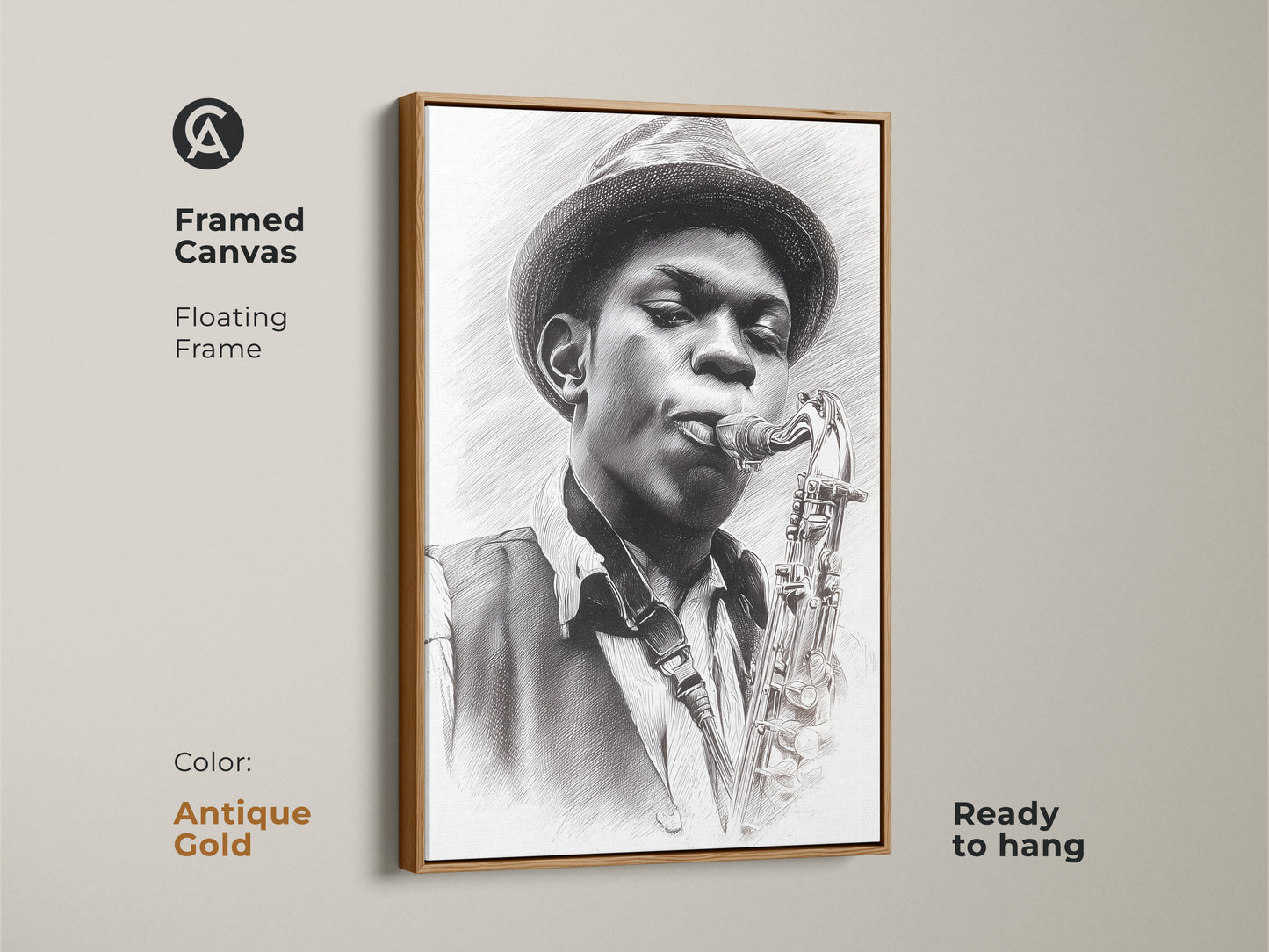 Framed canvas with a floating frame showing a pencil artwork of a jazz musician with his saxophone. The antique gold frame adds a vintage touch. Ready to hang this artwork brings a classic feel to any room. Ideal for those who appreciate timeless musical art.