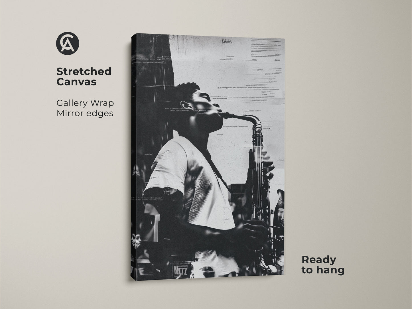 Stretched canvas showcasing a black and white saxophone art piece. The gallery wrap gives it a modern look. Mirror edges enhance the artwork's depth. Perfect for music enthusiasts seeking unique wall decor. Ready to hang and admire.